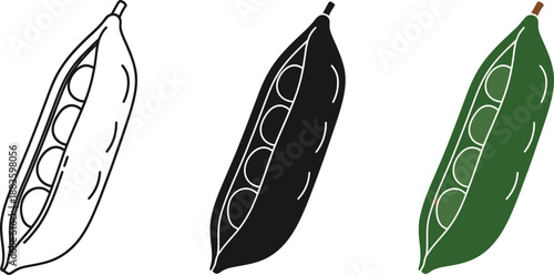 Collection of pea pod icons including outline silhouette and color vector illustrations for healthy eating and food concepts