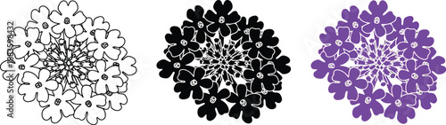 Collection of stylized floral motifs in outline black and purple vector graphics perfect for decorative elements and design