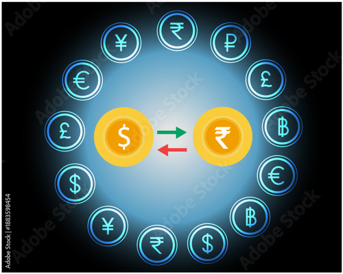 Global currency exchange concept featuring dollar and rupee symbols with glowing international money icons on dark background