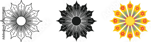 Collection of radial starburst and floral motifs decorative elements in outline solid black and colorful vector styles for design