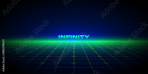 Endless neon grid glowing. Vibrant synthwave landscape. Retro futuristic. Cyan green gradient on deep blue horizon. Futuristic cyberpunk digital art vector background.