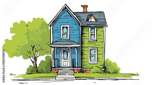 Modern Blue and Green House with Additional House on Top - Vector Illustration