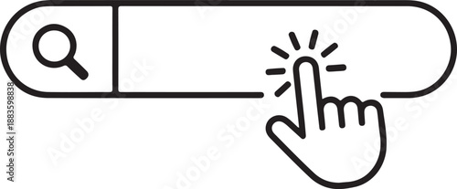 A search bar outline with a magnifying glass and a hand cursor clicking on its right side