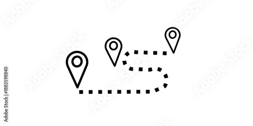 Outline icons three location pins connected by dotted line journey route