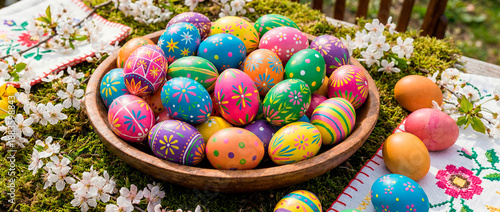 Vibrant collection of intricately decorated Easter eggs arranged closely together. Each egg features a unique design with patterns such as stars, flowers, polka dots, and stripes in bright colors.