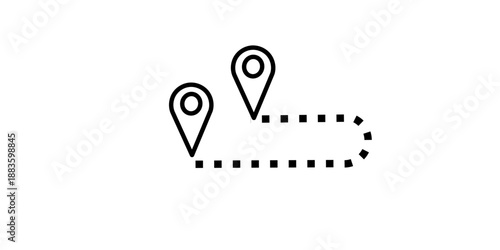Outline icons two location pins connected by dotted line journey route