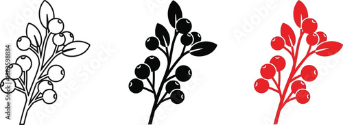 Collection of berry branch icons in outline silhouette and red vector styles perfect for nature or seasonal design elements