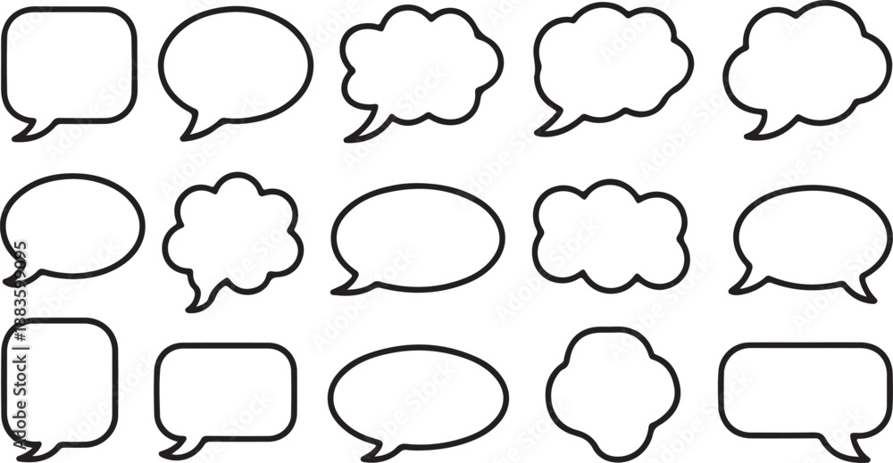 Fototapeta premium Group of outlined speech bubbles in various shapes like circles and clouds for dialogue