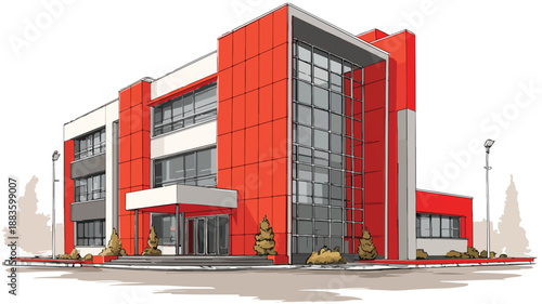 Modern Red Office Building Exterior View for Corporate Company Branding