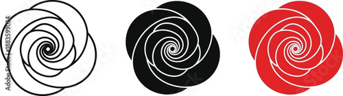 Set of abstract rose swirl icons in black white and red representing organic growth and floral design elements for branding and decoration