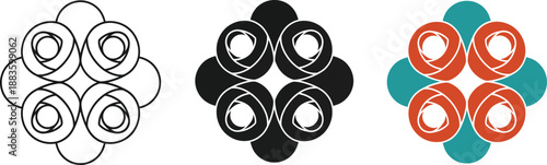 Abstract floral geometric pattern a set of four stylized rose icons in outline solid black and color variations for decorative design