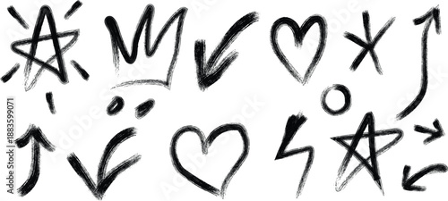 Graffiti symbols and hearts handwritten in black ink