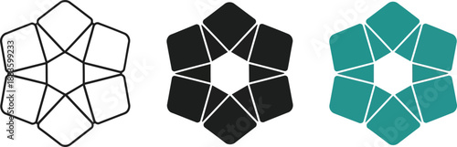 Set of abstract geometric star icons in black white and teal representing symmetry and modern design for branding and logos