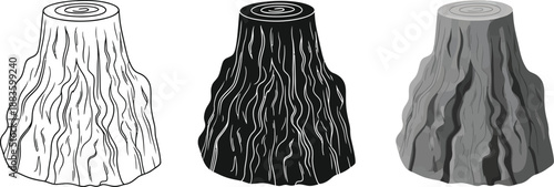 Collection of tree stump icons in outline solid black and grayscale vector styles representing deforestation or nature elements for design