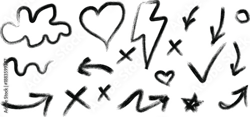 Collection of hand drawn symbols and arrows on white background