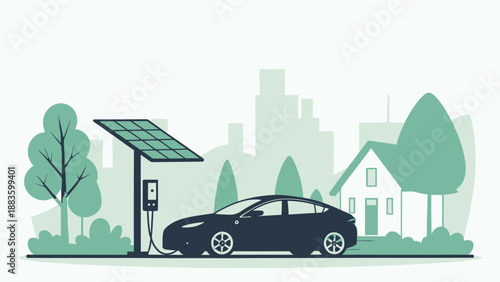 Electric Car Charging at Home Solar Powered Station in Suburban Neighborhood Environment Concept Illustration