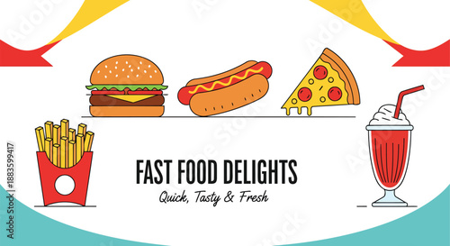Fast Food Delights Banner with Burger, Hot Dog, Pizza Slice, French Fries and Milkshake in Flat Vector Illustration Style