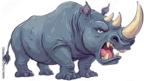 Fierce Angry Rhino Cartoon Vector with Outline on White Background