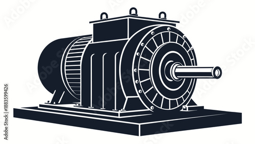 Detailed Black and White Illustration of an Industrial Electric Motor or Generator Unit on a Solid Base