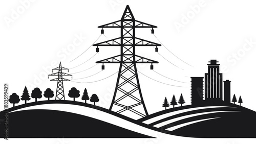 Power Grid Transmission Towers Spanning Across a Rural Landscape Toward a Modern City Center Illustration
