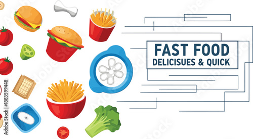 Fast Food Banner Illustration with Burgers, French Fries, Pizza, and Broccoli on Abstract Line Art Background