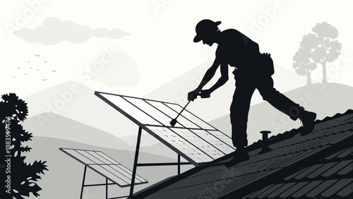Silhouette of a Professional Technician Installing Solar Panels on a Residential Roof Under a Morning Sun