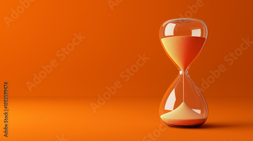 Hourglass with flowing sand on an orange background, time concept