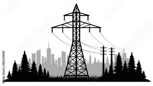Electrical Transmission Pylon Silhouette Between a Pine Forest and an Urban City Skyline Concept Illustration