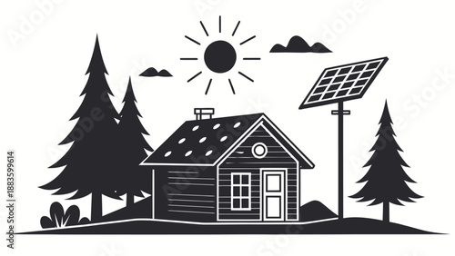 Black and white silhouette of a remote cabin with a pole-mounted solar panel in a forest setting for off-grid sustainable living