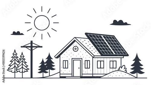Simple line art illustration of a small house with rooftop solar panels and electric utility pole representing renewable energy integration