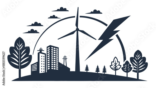 Clean energy concept silhouette featuring a wind turbine powering a city with lightning bolt icon and trees for environmental sustainability