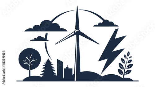 Sustainable urban development illustration with a wind turbine, city skyline, and electricity symbol in a minimal black and white style