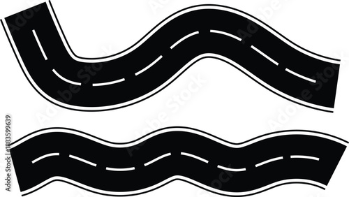 Black and white road illustrations with dashed lines and white borders