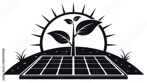 Ecological solar energy concept featuring a plant growing behind a solar panel under a bright sun silhouette for green power