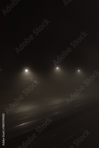 Street lights over foggy highway