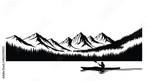 a black and white illustration of mountains a lake and a person kayaking on the water