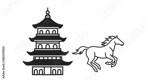 a simple black and white illustration featuring a traditional chinese pagoda and a galloping horse