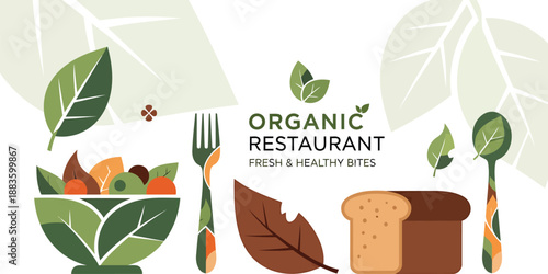 Organic Restaurant Banner with Healthy Salad Bowl, Fresh Bread, and Green Leaves Illustration in Flat Design Style