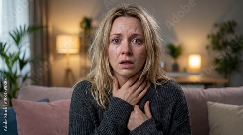 Woman showing distress and fear at home depicting victim of domestic violence, Real life situation  