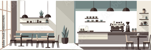 Modern Minimalist Coffee Shop Interior Illustration with Cafe Counter, Espresso Machine, Tables, and Industrial Lighting