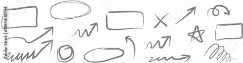 A collection of hand drawn shapes and symbols on a white background