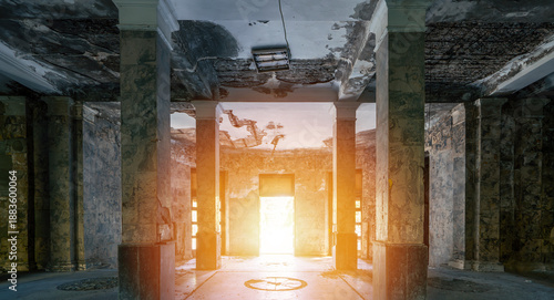 Φωτογραφία Sunlight shining through doorway in abandoned ruined building, urban exploration, decay aesthetics, post-apocalyptic architecture, lost place interior, grunge textures