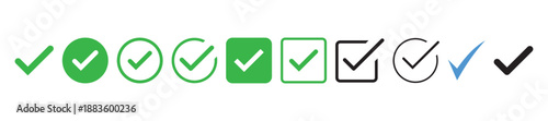 Green tick icon set. Check mark sign for app, website or ui design. Transparent PNG and vector