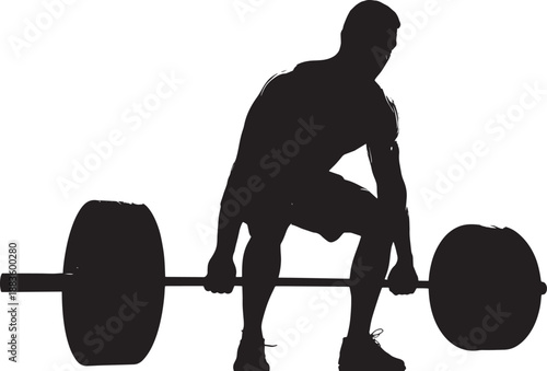Silhouette of man lifting weights in dynamic pose with strong black shadows on white background for fitness icon