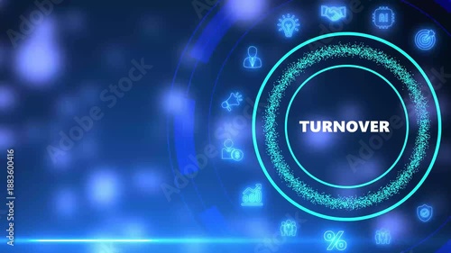 Futuristic digital display showing TURNOVER with surrounding business icons and AI elements in blue