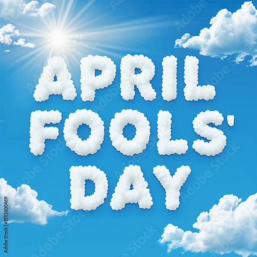 April Fools’ Day Cloud Typography Design with Blue Sky Background – Fun Playful Holiday Illustration