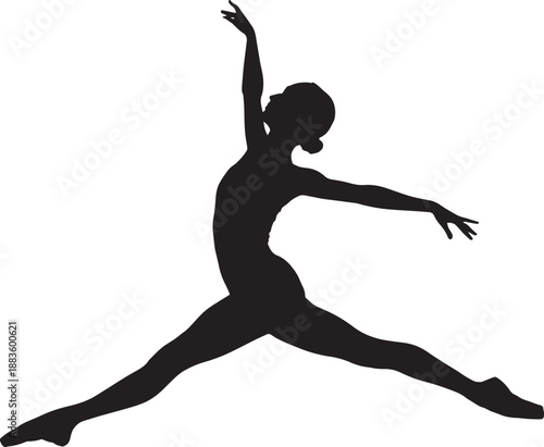 Dancer in mid-performance, stretching gracefully with one arm raised and the other extended, set against a plain white background.