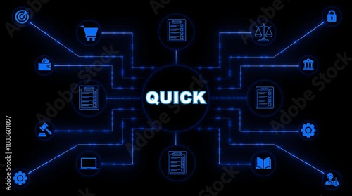 Digital network connecting business and legal icons around the word QUICK connection