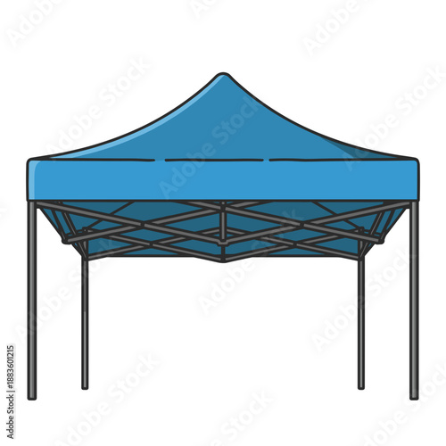 A clear and detailed cartoon illustration of a blue pop-up canopy tent with a sturdy frame, isolated.