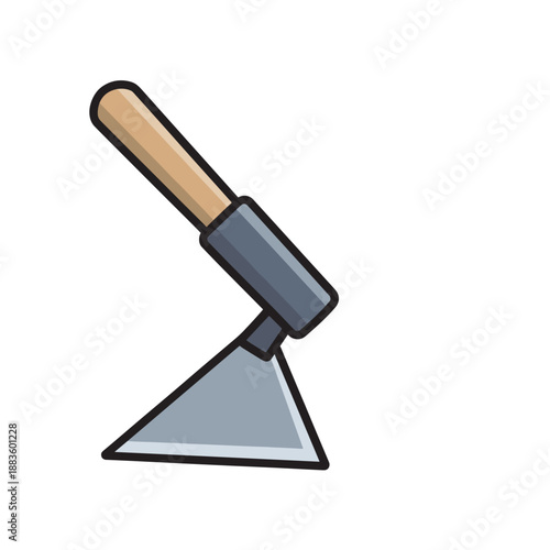 A simple illustration depicting a garden hoe with a wooden handle and metal blade, ready for agricultural tasks.
